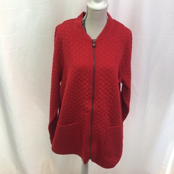 Isaac Mizrahi Live Jacquard Cable Knit Jacket Red - Picture 2 of 11
